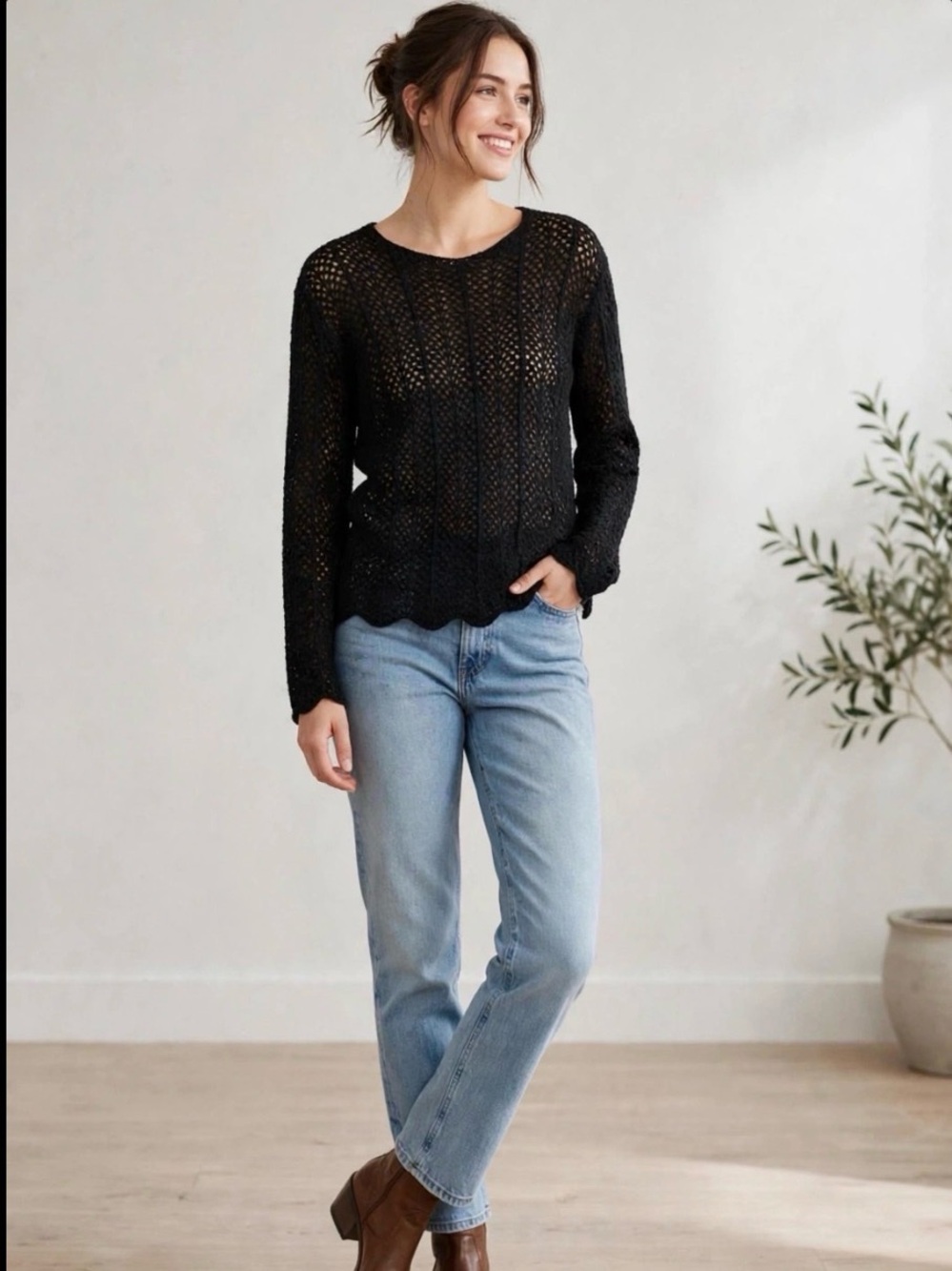 Chelsea & Theodore Black Open-Knit Pointelle Sweater